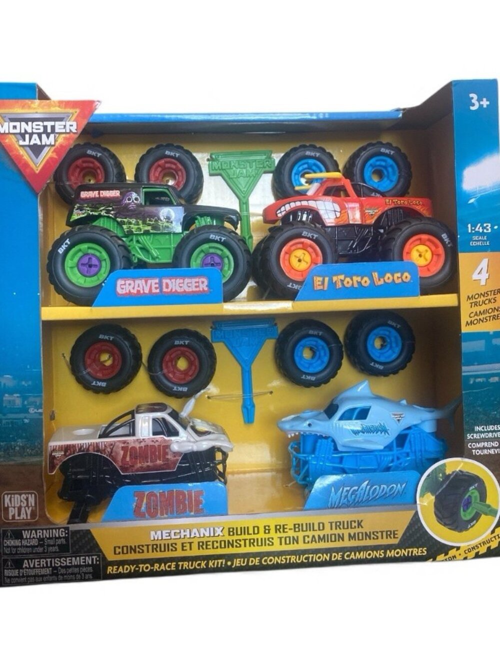 Monster Jam Mechanix 4 Pack Build Rebuild 1/43 El Toro Grave Digger Zombie Mega